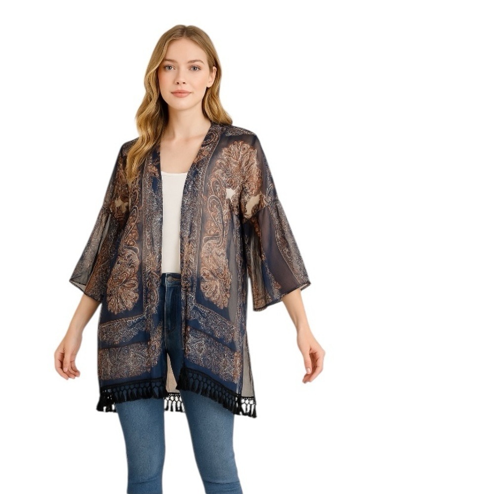 Umgee Blue Tan Bohemian 3/4 Wide Sleeve Boho Hippie Fringe Kimono Size S/M